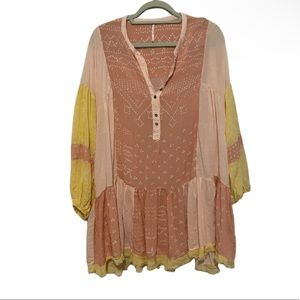 FREE PEOPLE Size Large Tunic / Shibori Mini Dress. Boho flowy, yellow and pink